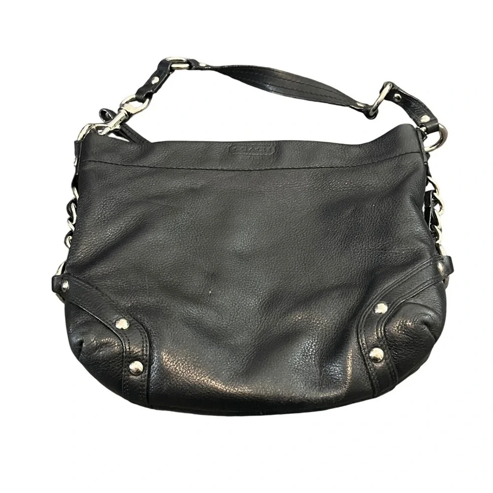 Coach Carly Hobo Bag Womens Medium Black Pebbled Leather Silver Chain F15251